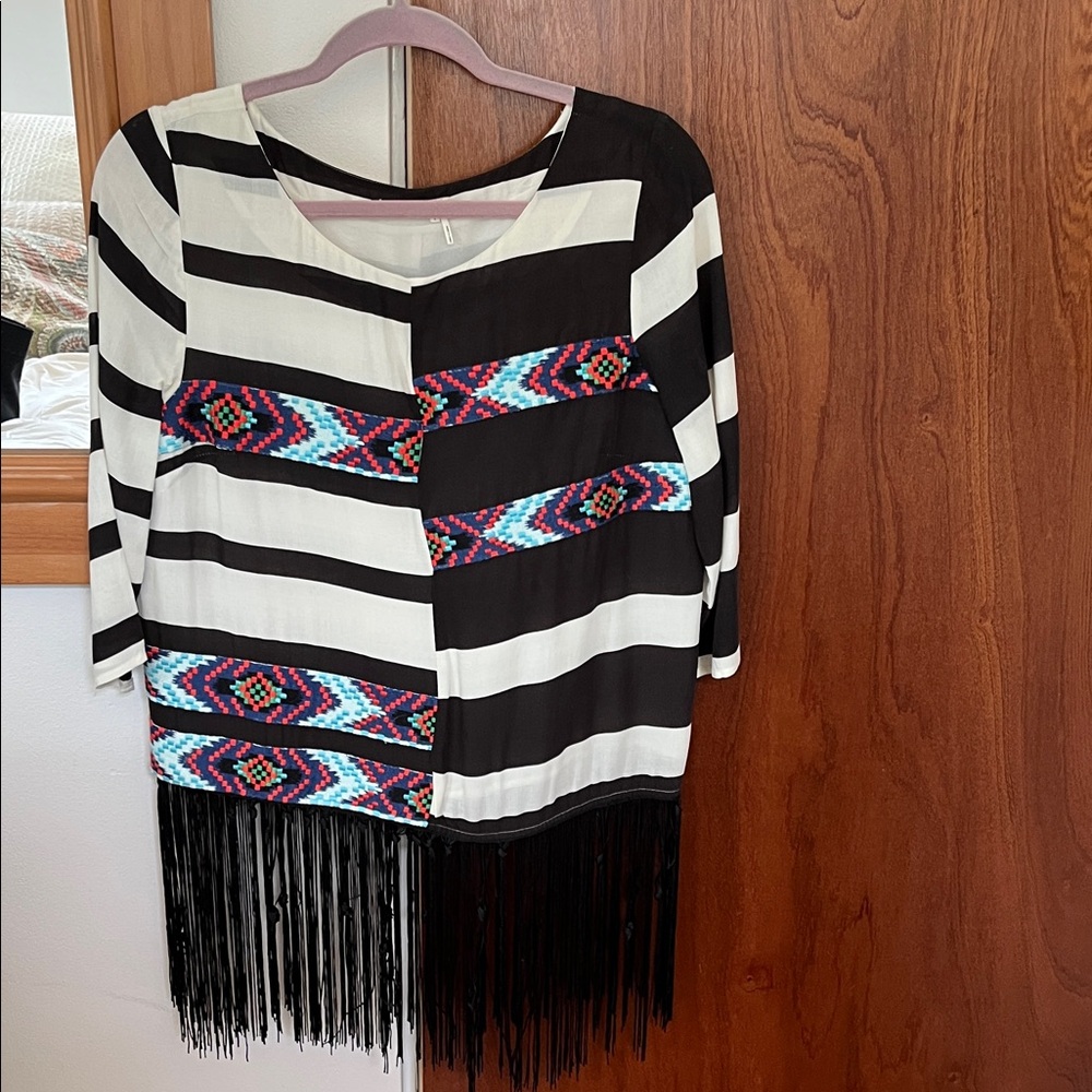 Black and White Striped Fringe Top